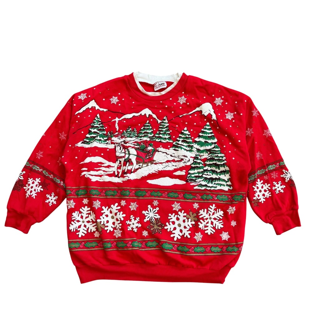 Vintage Nutcracker‎ Christmas Sweatshirt Red Sleigh Winter Scene Puff Print L/XL